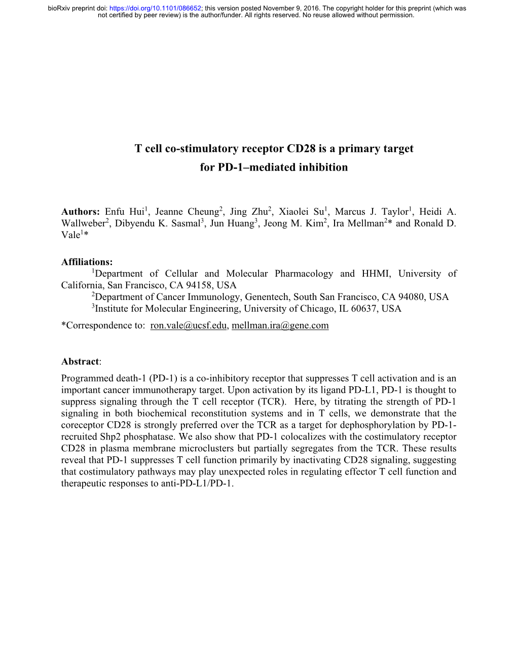 T Cell Co-Stimulatory Receptor CD28 Is a Primary Target for PD-1–Mediated Inhibition