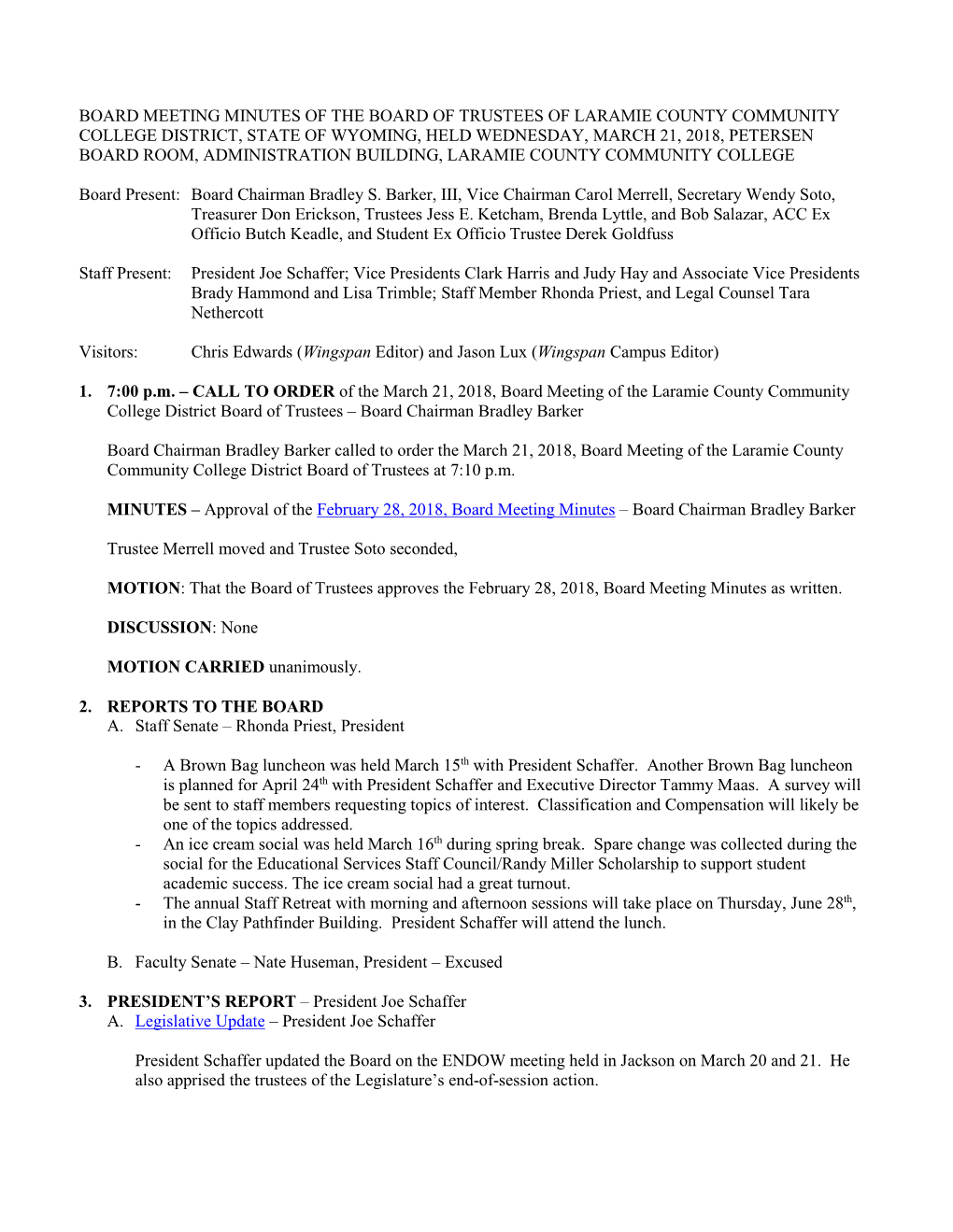 Board Meeting Minutes of the Board of Trustees Of