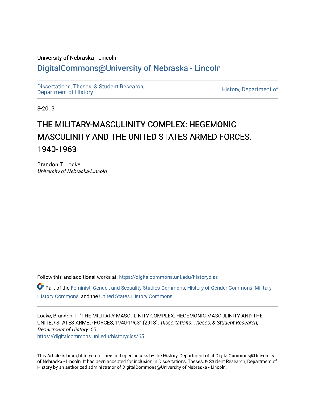 The Military-Masculinity Complex: Hegemonic Masculinity and the United States Armed Forces, 1940-1963