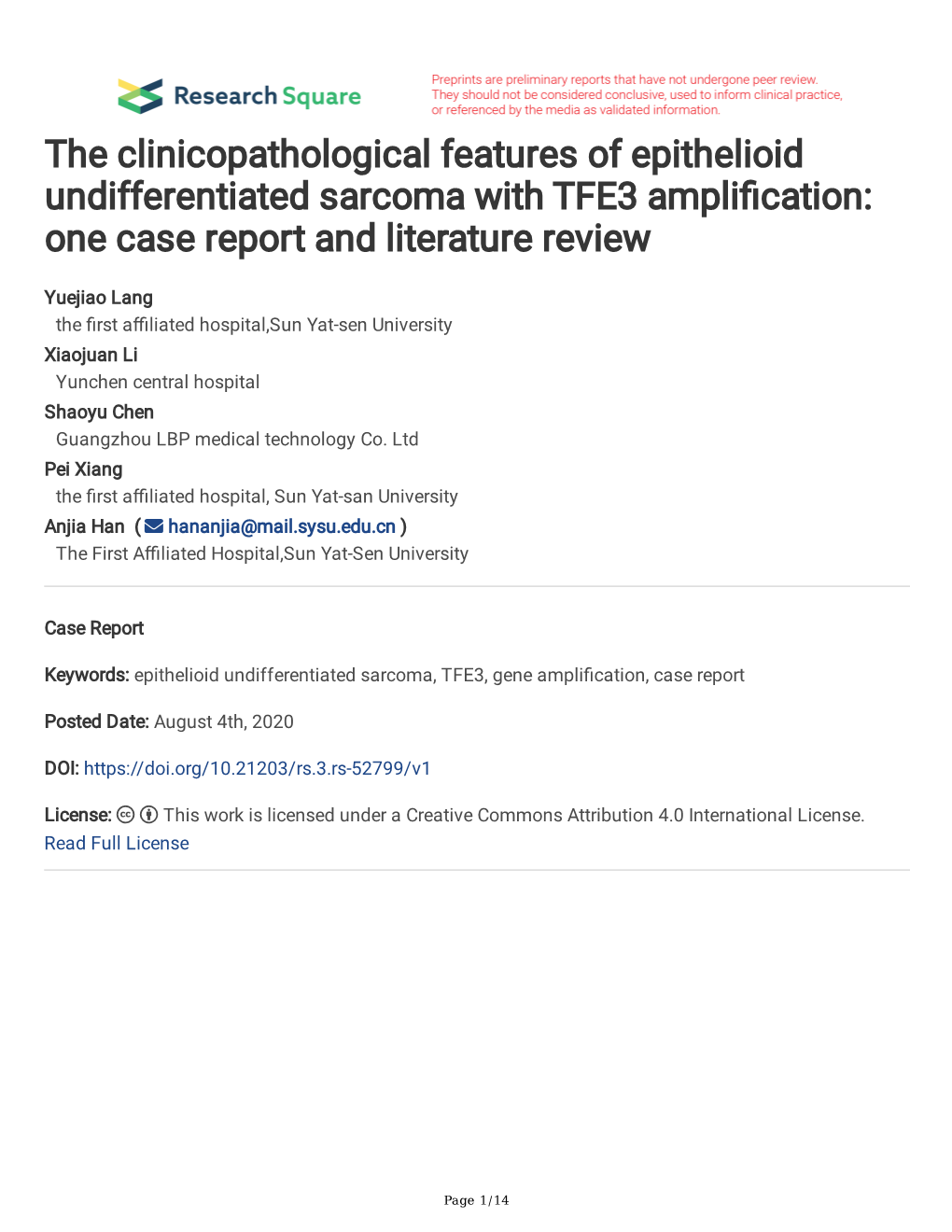 The Clinicopathological Features of Epithelioid Undifferentiated Sarcoma with TFE3 Amplifcation: One Case Report and Literature Review