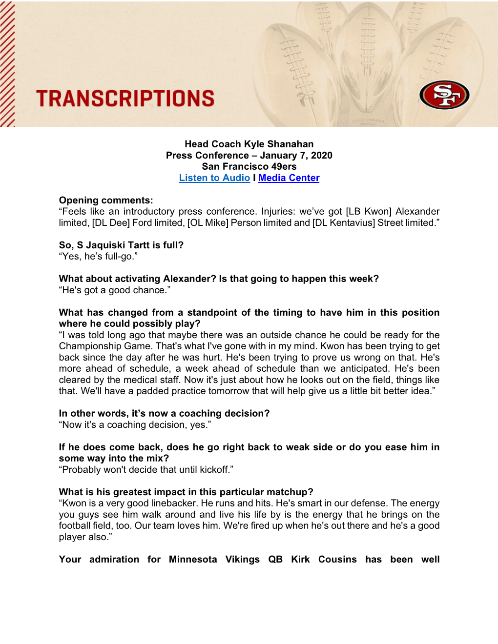 Head Coach Kyle Shanahan Press Conference – January 7, 2020 San Francisco 49Ers Listen to Audio I Media Center