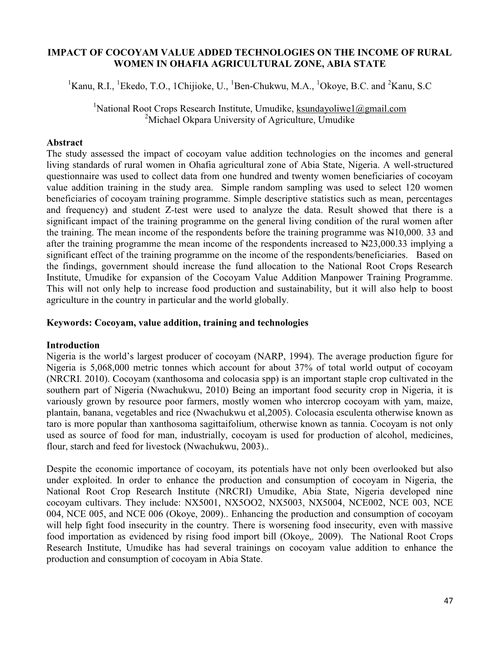 Impact of Cocoyam Value Added Technologies on the Income of Rural Women in Ohafia Agricultural Zone, Abia State