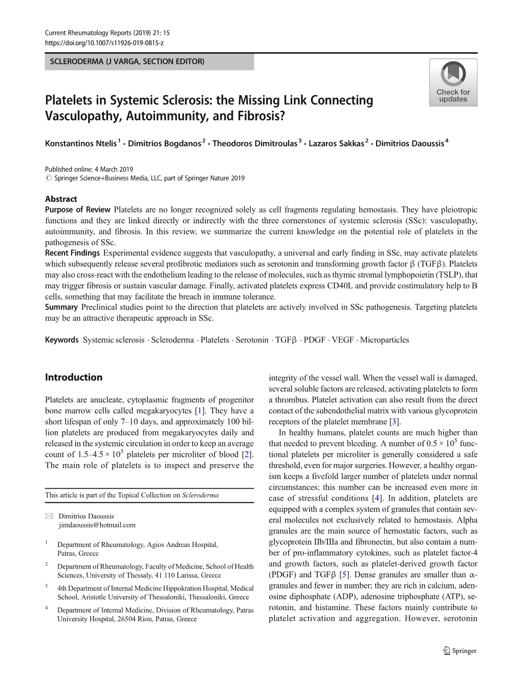 Platelets in Systemic Sclerosis: the Missing Link Connecting Vasculopathy, Autoimmunity, and Fibrosis?