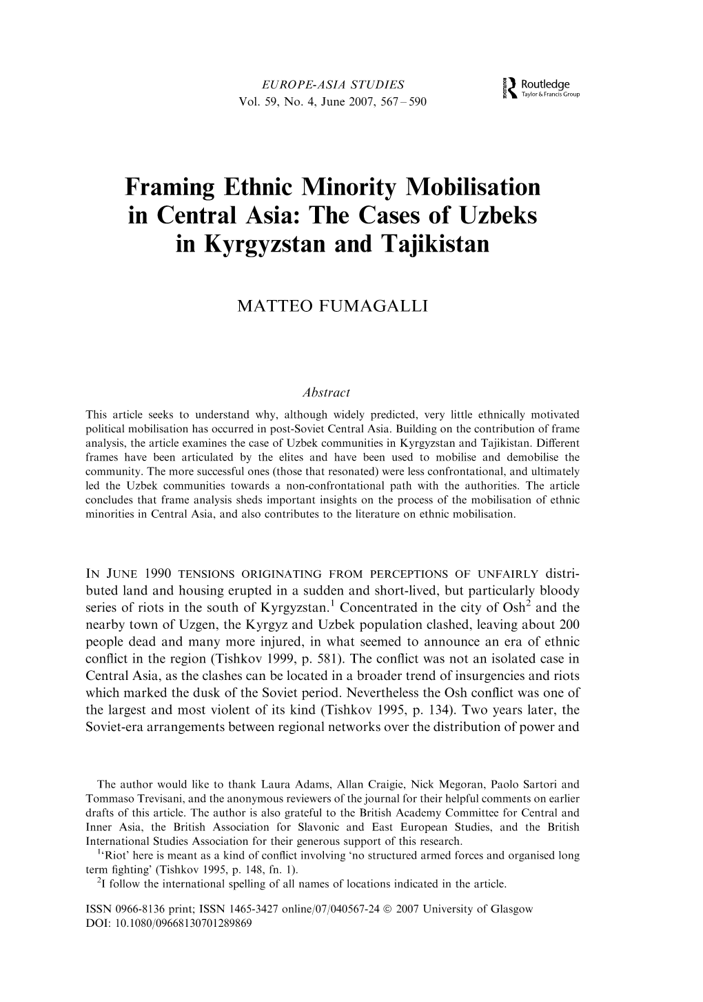 Framing Ethnic Minority Mobilisation in Central Asia: the Cases of Uzbeks in Kyrgyzstan and Tajikistan