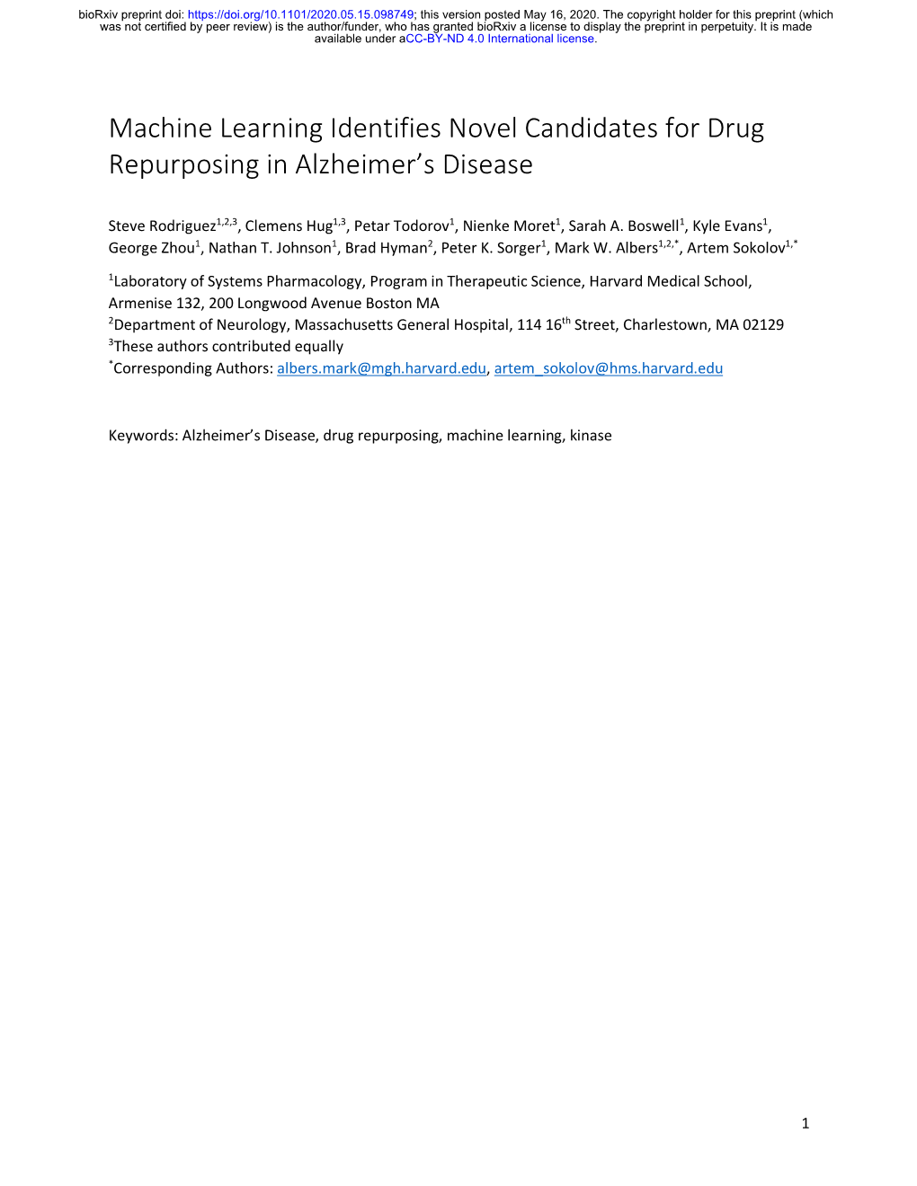 Machine Learning Identifies Novel Candidates for Drug Repurposing in Alzheimer’S Disease