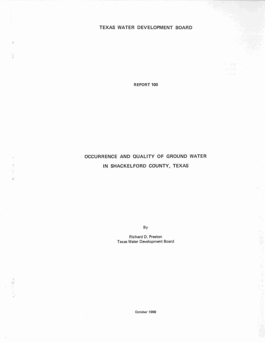 Occurence and Quality of Ground Water in Shackelford County, Texas