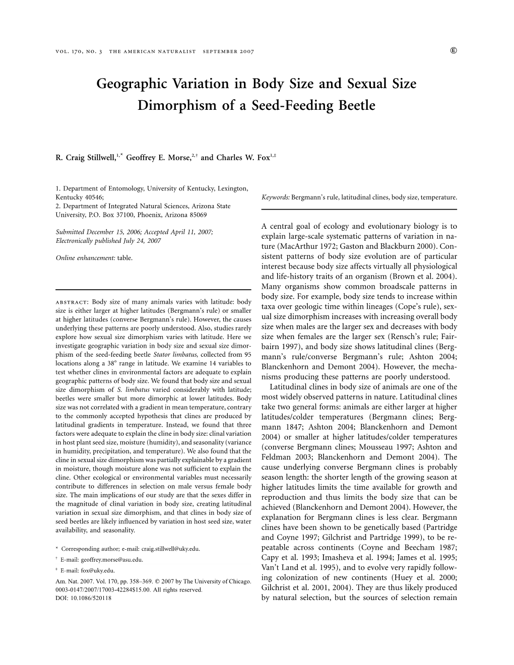 Geographic Variation in Body Size and Sexual Size Dimorphism of a Seed-Feeding Beetle