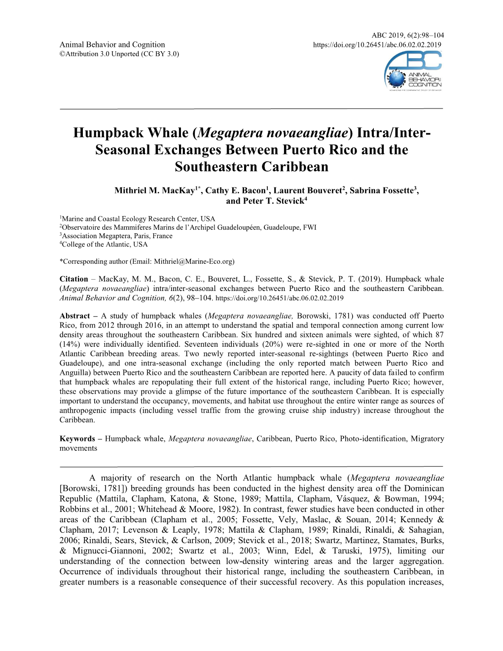 Humpback Whale (Megaptera Novaeangliae) Intra/Inter- Seasonal Exchanges Between Puerto Rico and the Southeastern Caribbean