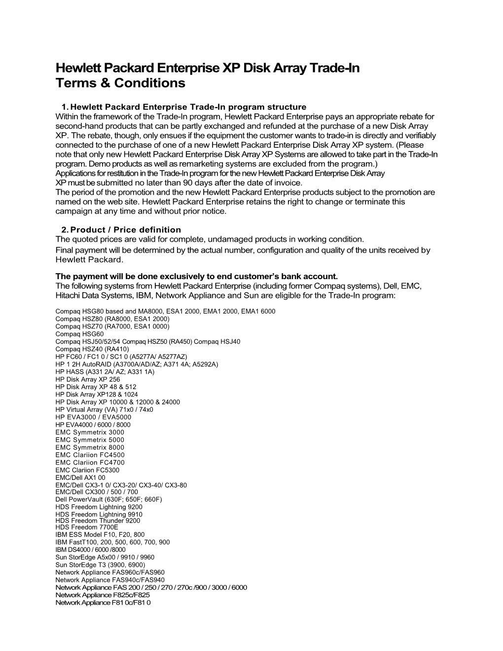 Hewlett Packard Enterprise XP Disk Array Trade-In Terms & Conditions