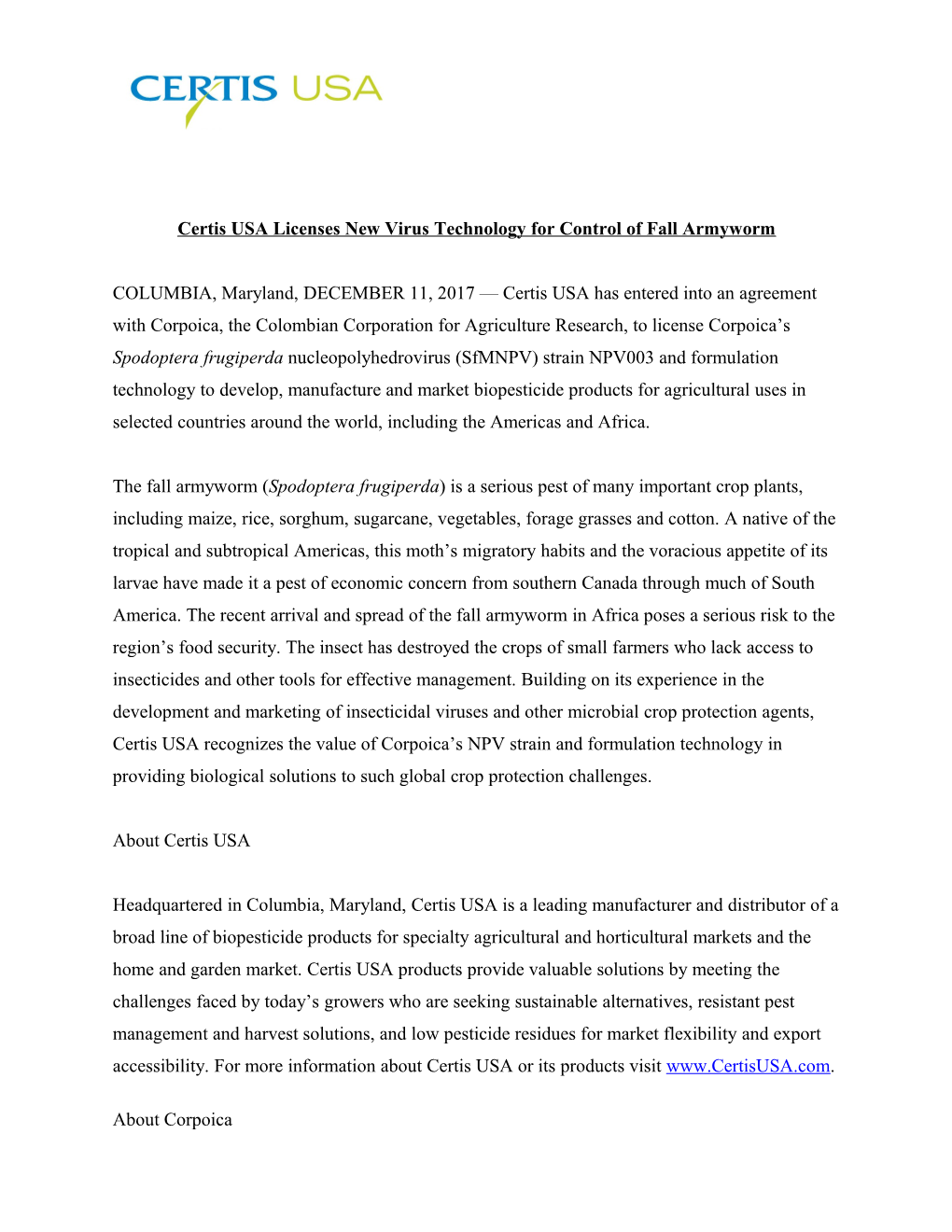 Certis USA Licenses New Virus Technology for Control of Fall Armyworm