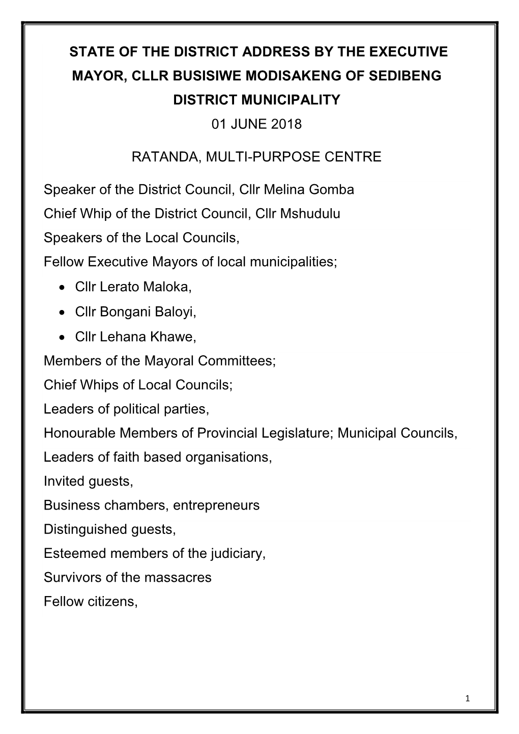 State of the District Address by the Executive Mayor, Cllr Busisiwe Modisakeng of Sedibeng District Municipality 01 June 2018