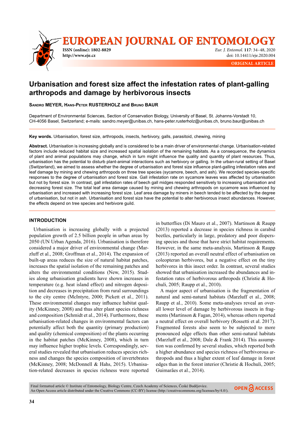 Urbanisation and Forest Size Affect the Infestation Rates of Plant-Galling Arthropods and Damage by Herbivorous Insects