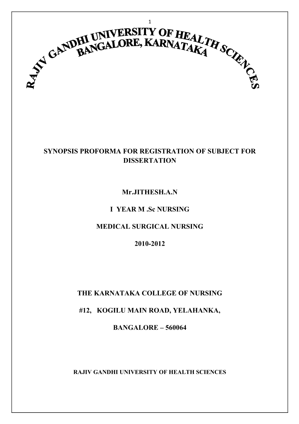 Synopsis Proforma for Registration of Subject for Dissertation