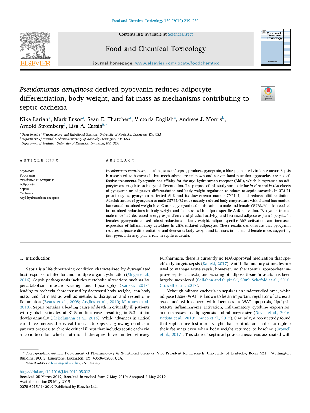 Pseudomonas Aeruginosa-Derived Pyocyanin Reduces Adipocyte Diﬀerentiation, Body Weight, and Fat Mass As Mechanisms Contributing to T Septic Cachexia