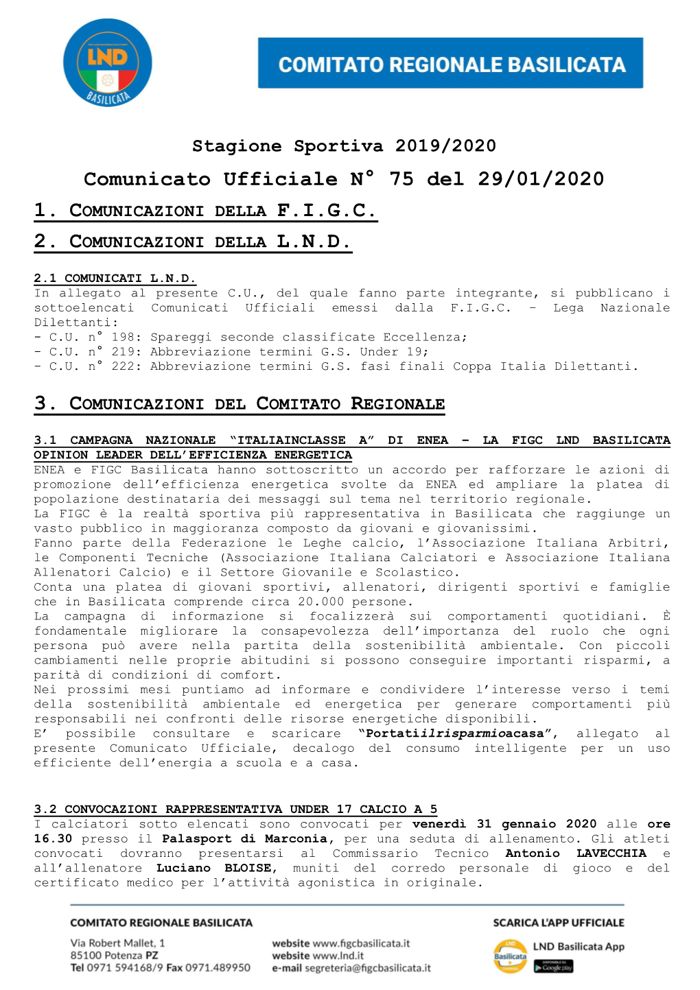 Comunicato Ufficiale N° 75 Del 29/01/2020 1