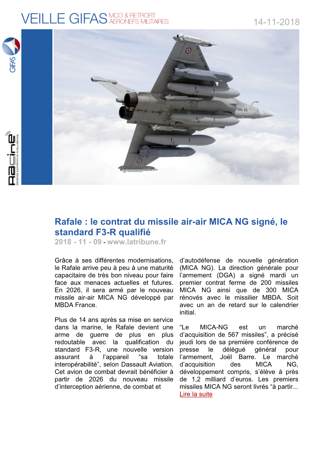 14-11-2018 Rafale : Le Contrat Du Missile Air-Air MICA NG Signé, Le