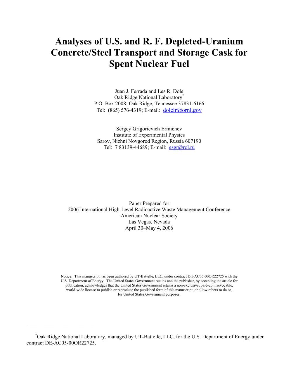 Analyses of U.S. and R. F. Depleted-Uranium Concrete/Steel Transport and Storage Cask for Spent Nuclear Fuel