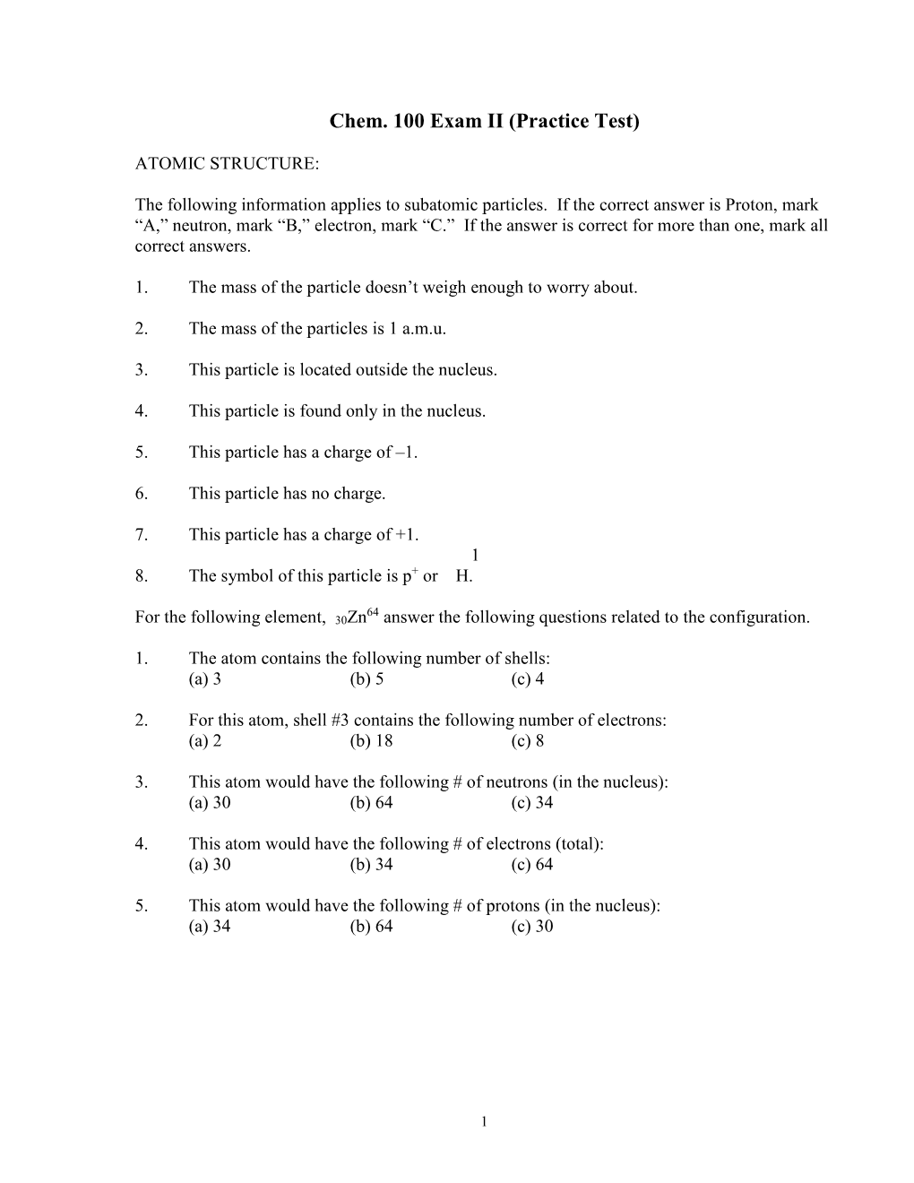 Chem. 100 Exam II (Practice Test)