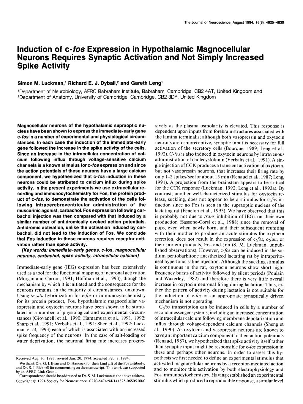 Induction of C-Fos Expression in Hypothalamic Magnocellular Neurons Requires Synaptic Activation and Not Simply Increased Spike Activity