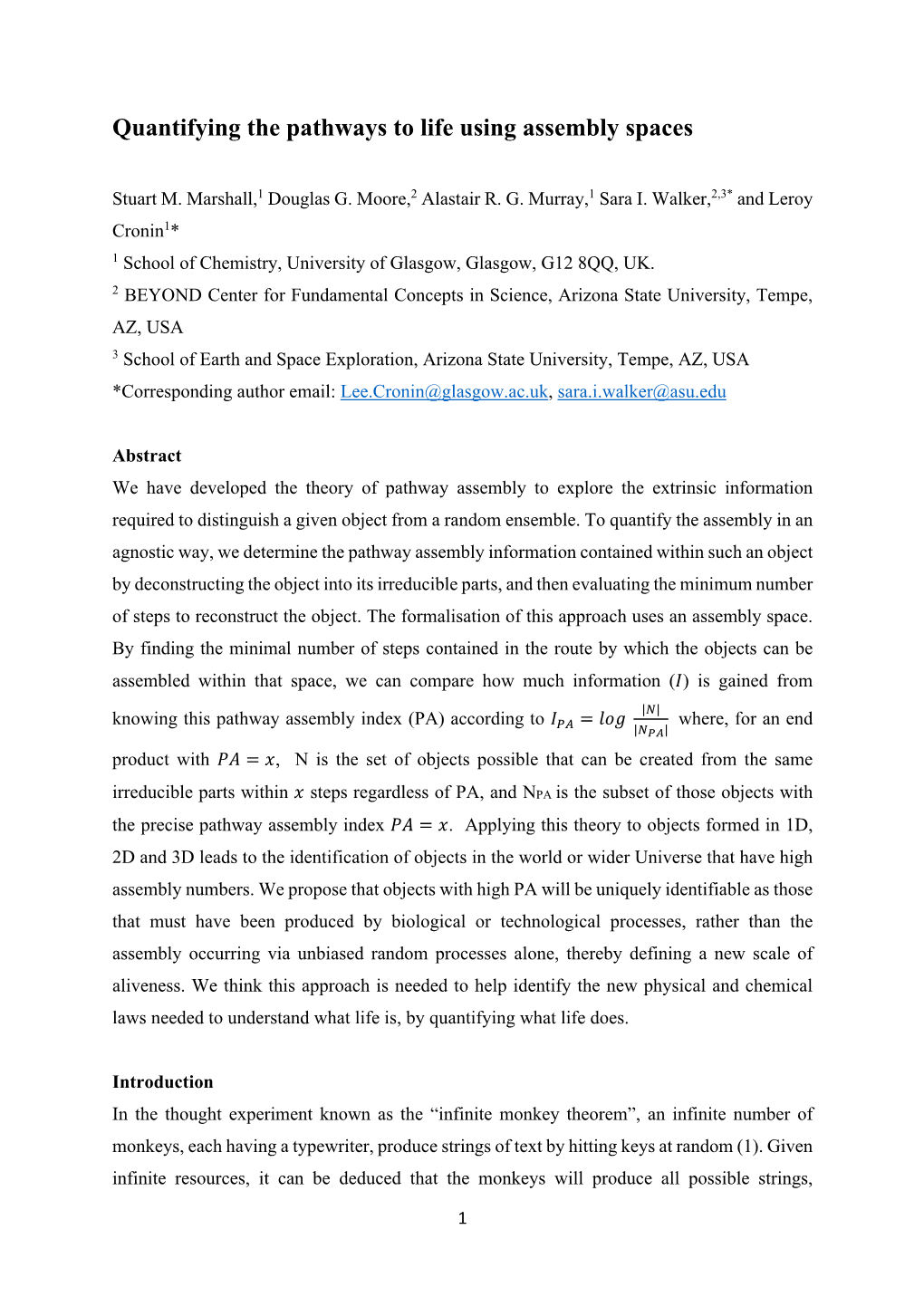 Quantifying the Pathways to Life Using Assembly Spaces