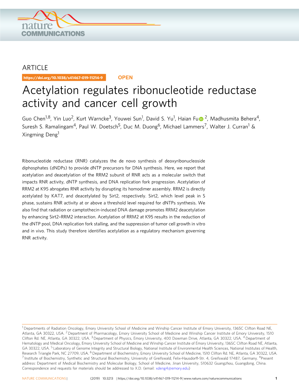 Acetylation Regulates Ribonucleotide Reductase Activity and Cancer Cell Growth