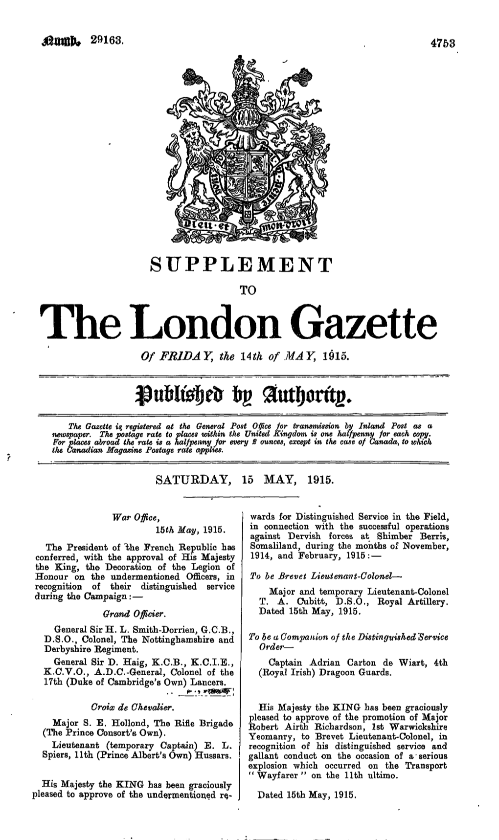 The London Gazette of FRIDAY, the 14Tft of MAY, 1915