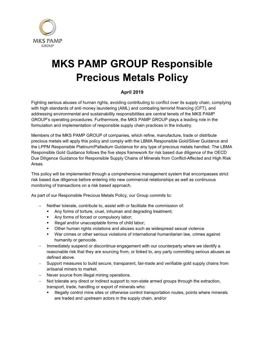 MKS PAMP GROUP Responsible Precious Metals Policy