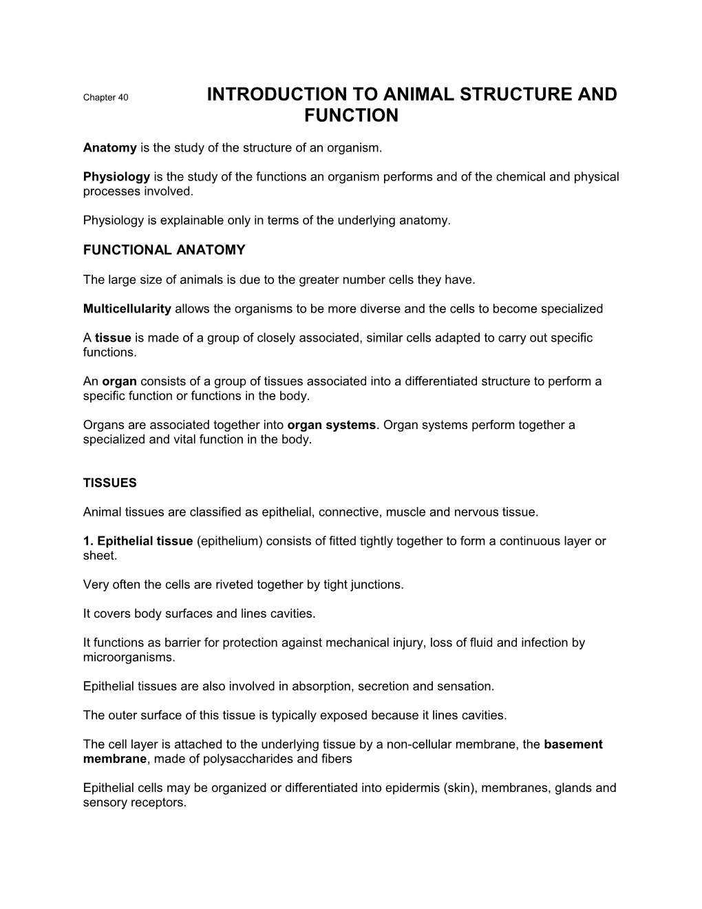 Chapter 40 INTRODUCTION to ANIMAL STRUCTURE AND