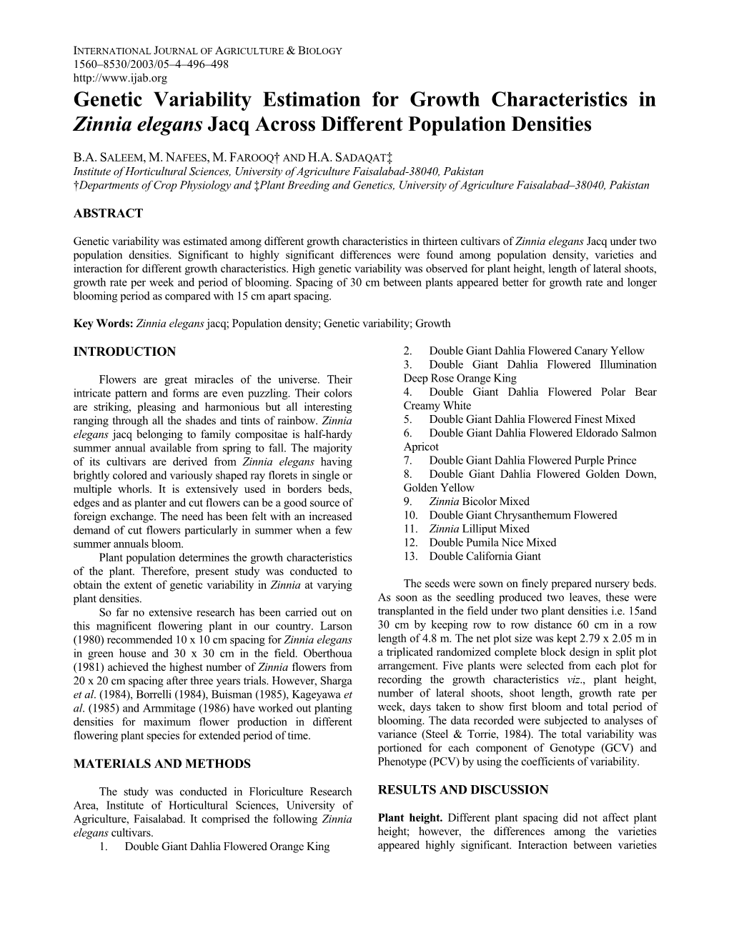 Genetic Variability Estimation for Growth Characteristics in Zinnia Elegans Jacq Across Different Population Densities