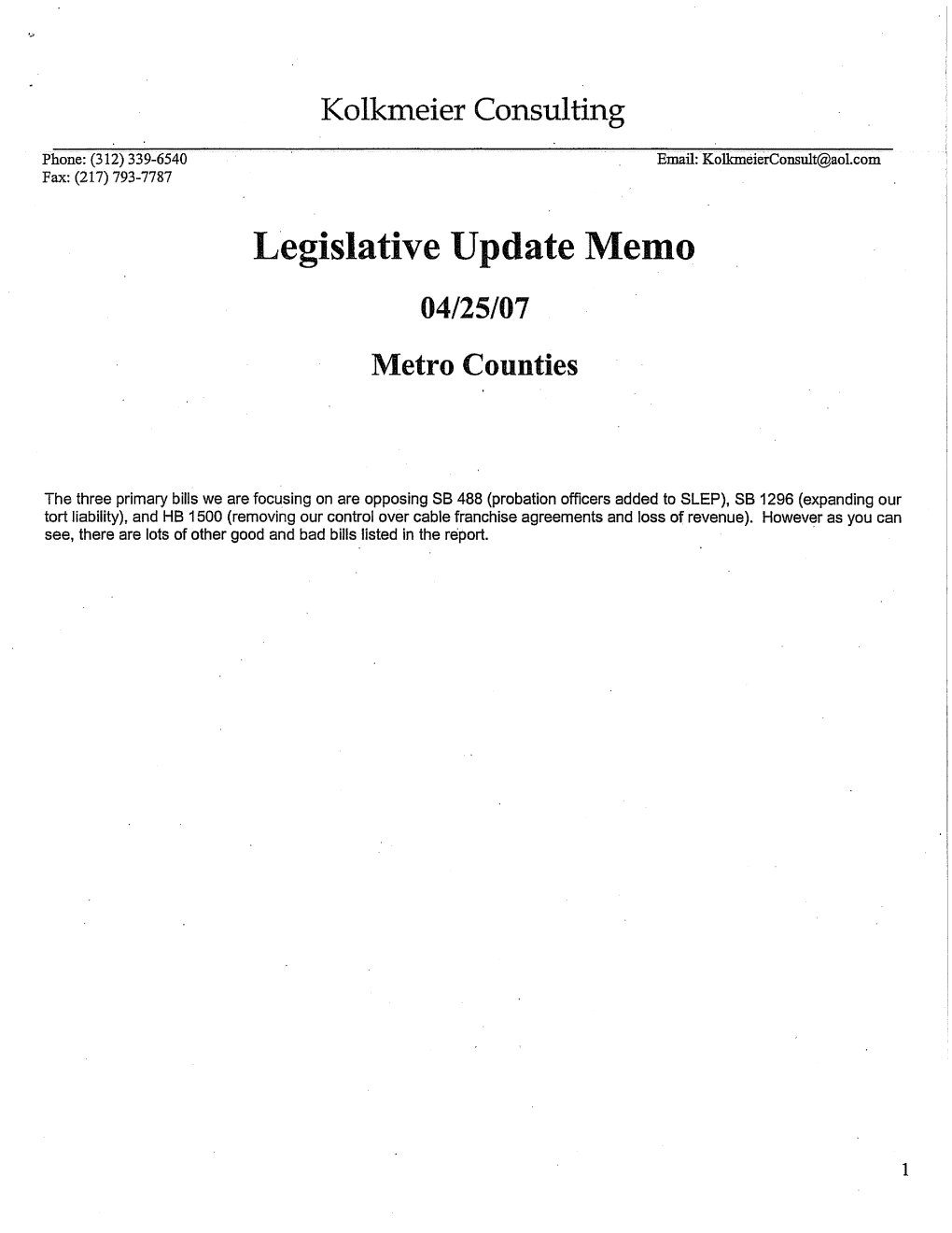 Legislative Update Memo 04/25/07 Metro Counties