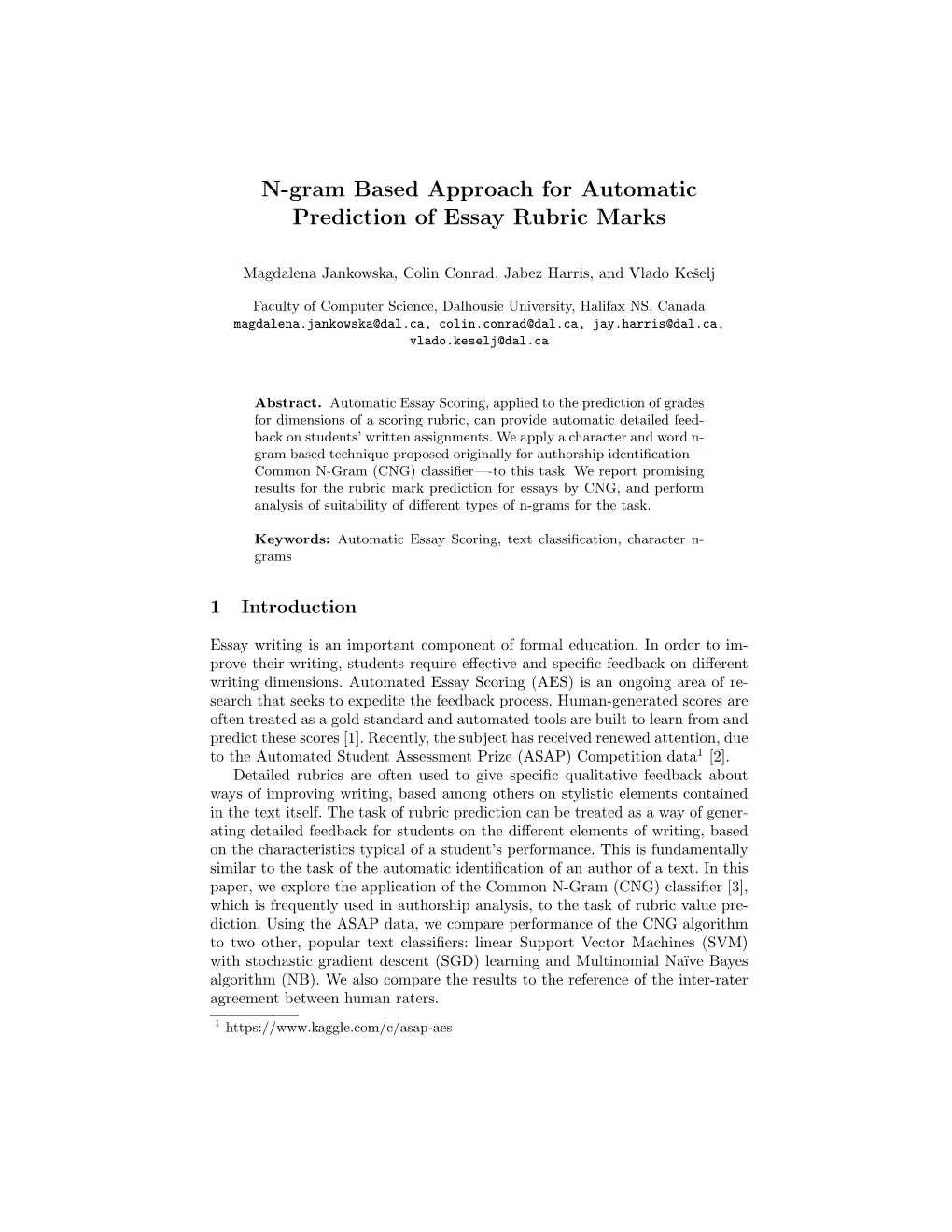 N-Gram Based Approach for Automatic Prediction of Essay Rubric Marks