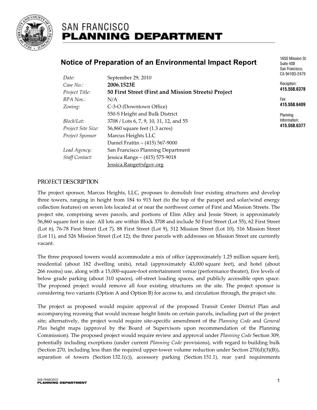 Notice of Preparation of an Environmental Impact Report