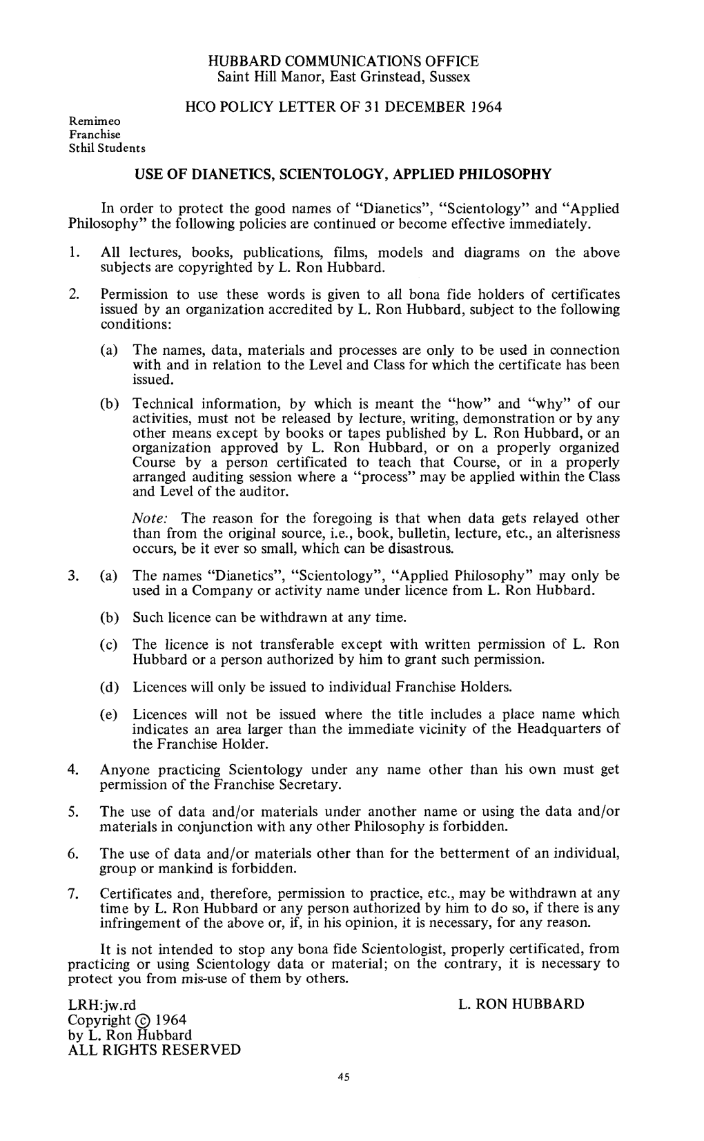 Hcopl 31 December 1964 Use of Dianetics, Scientology