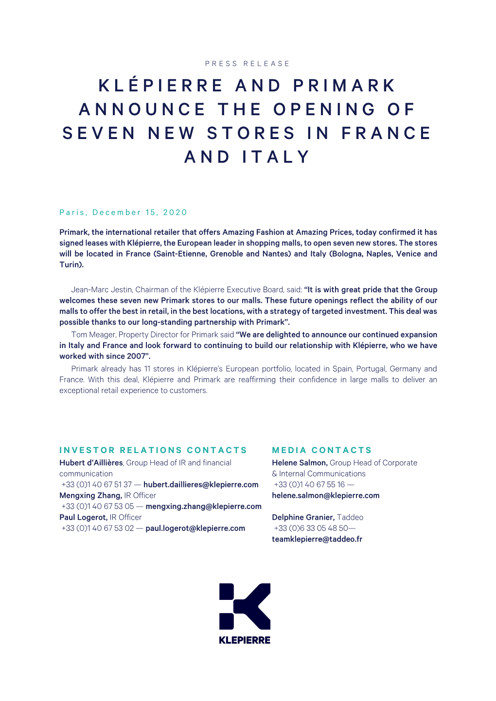 Klépierre and Primark Announce the Opening of Seven New Stores in France and Italy