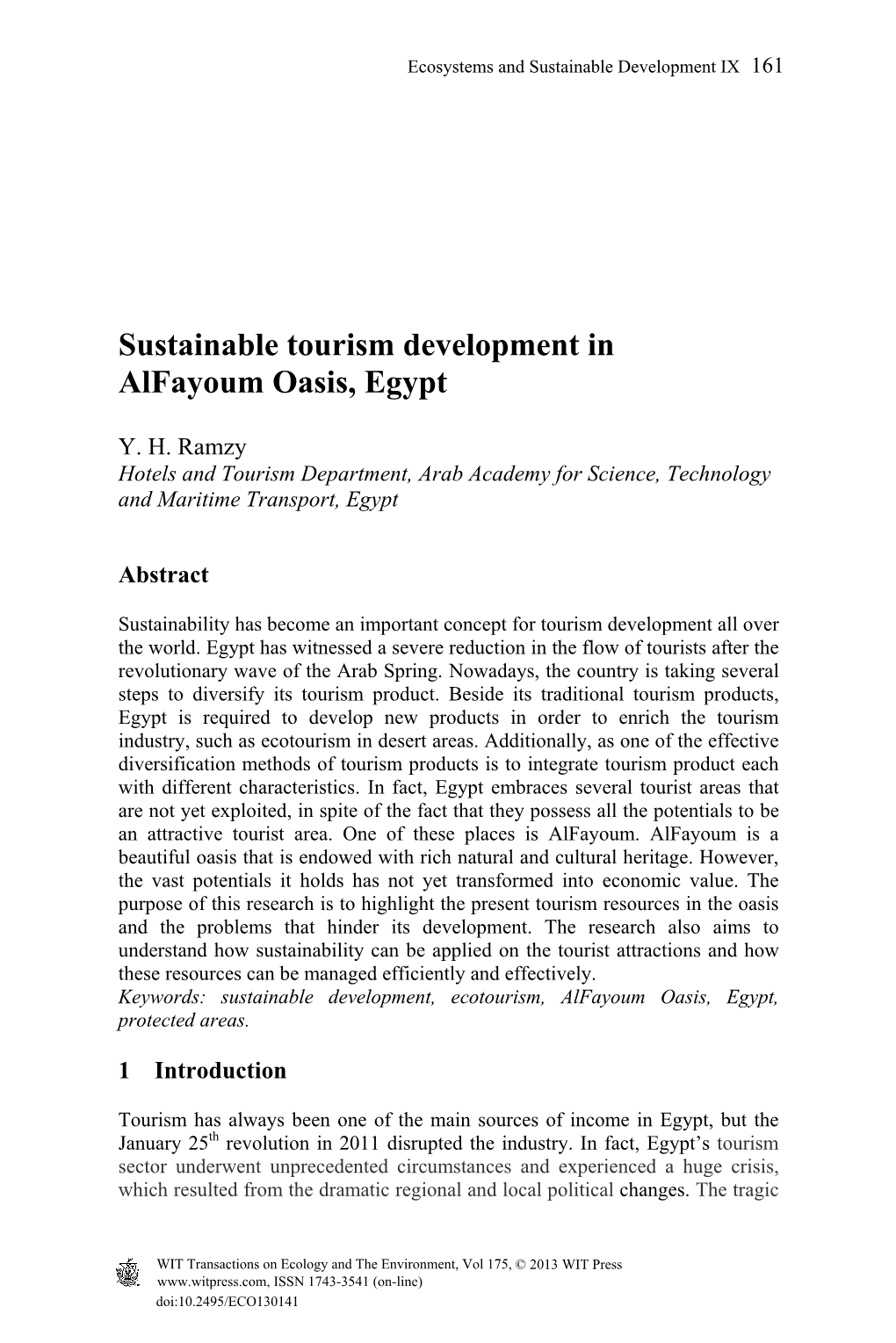 Sustainable Tourism Development in Alfayoum Oasis, Egypt