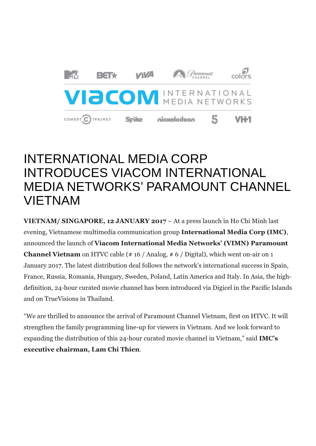 International Media Corp Introduces Viacom International Media Networks' Paramount Channel Vietnam