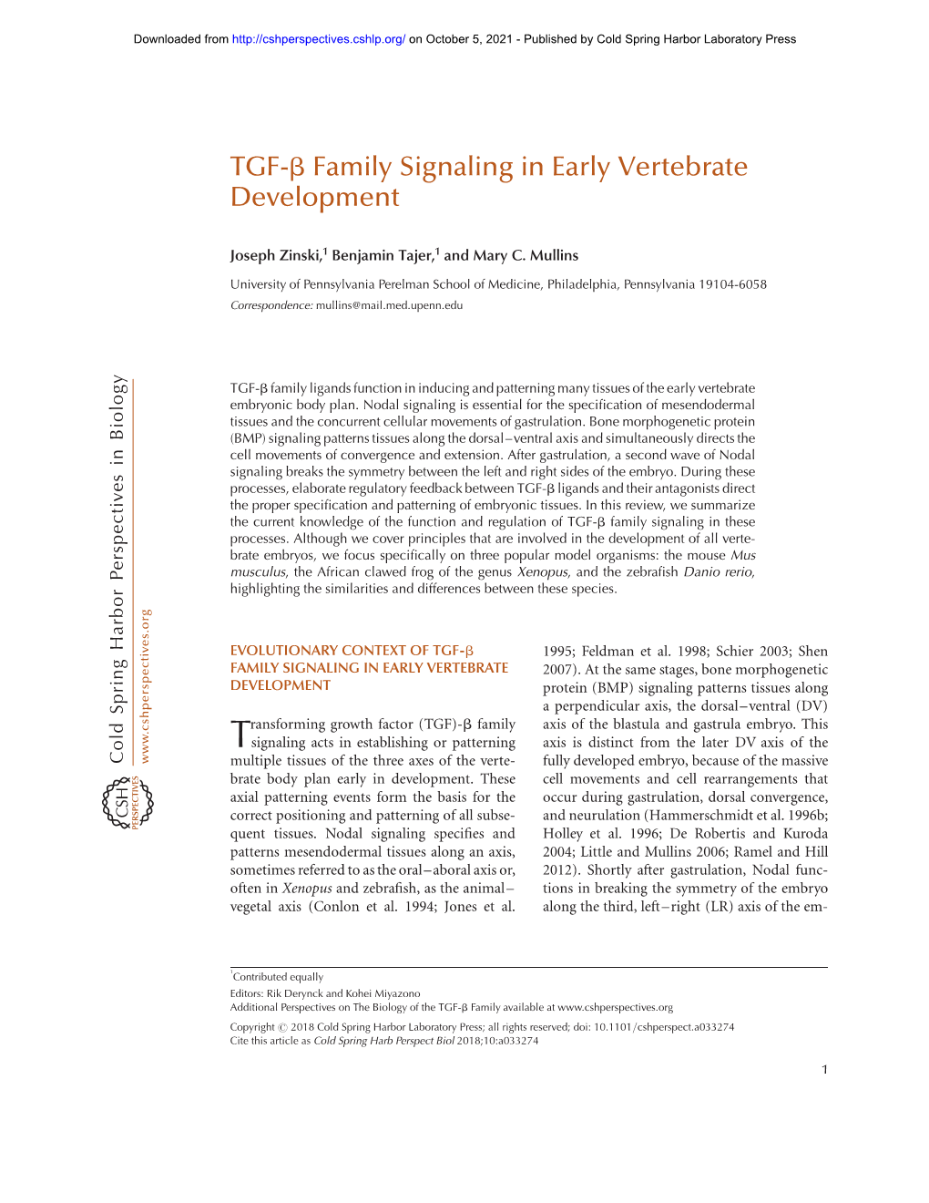 TGF-Β Family Signaling in Early Vertebrate Development