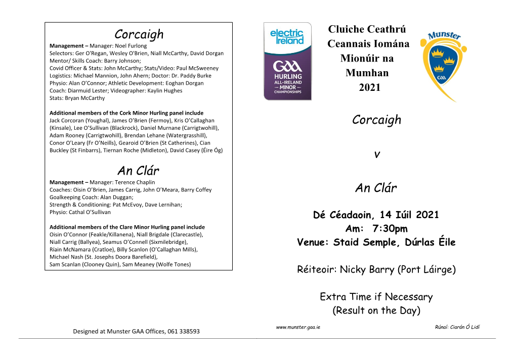 To View the Team Sheet for Cork V Clare in PDF Format