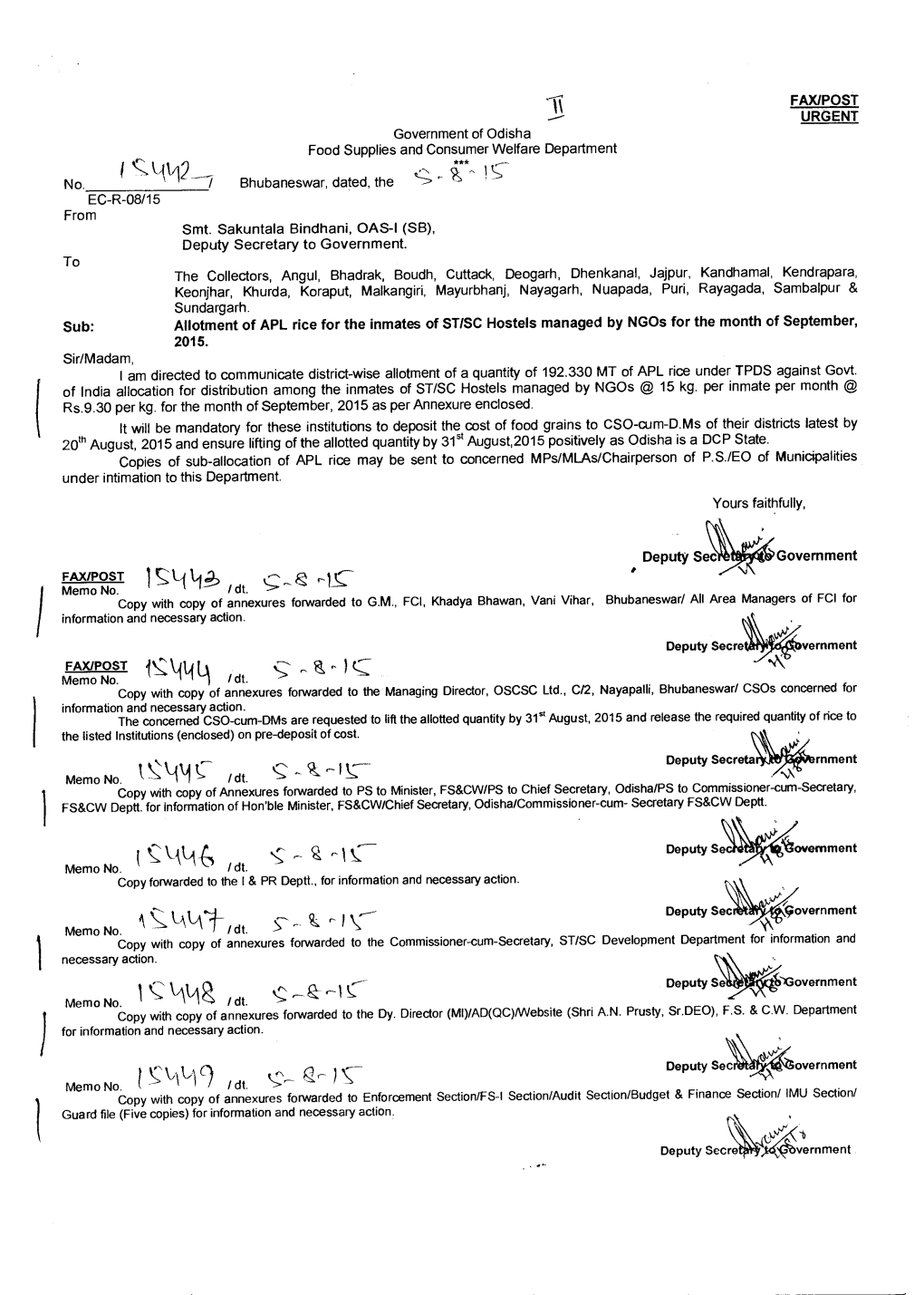 Allotment of APL Rice for the Inmates of ST/SC Hostels Managed by Ngos for the Month of September, 2015