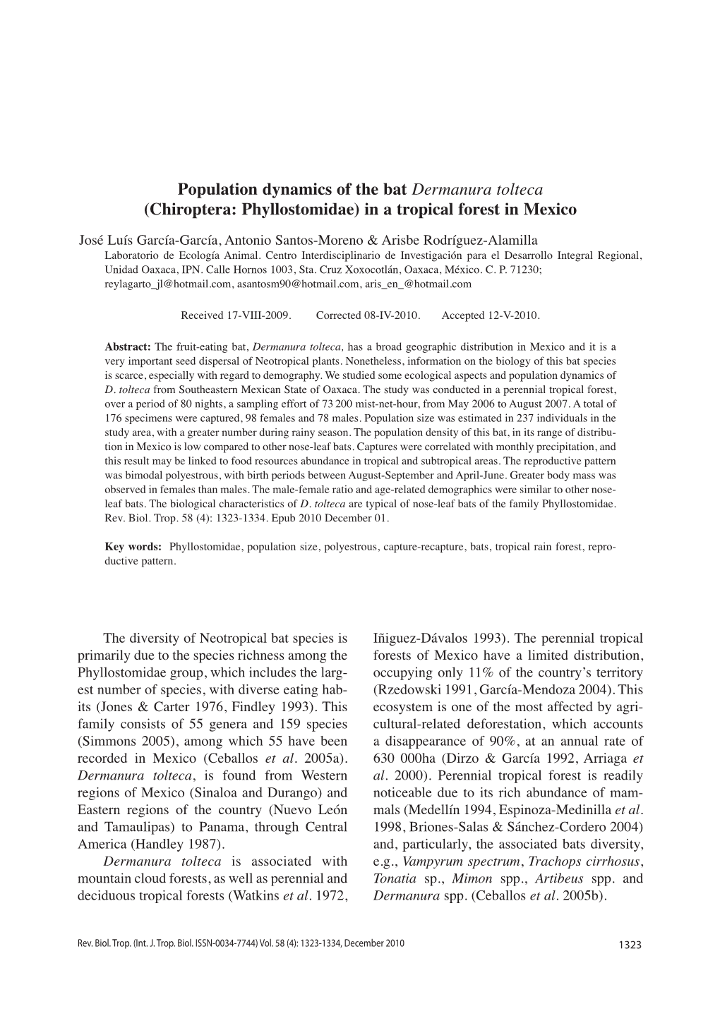 Population Dynamics of the Bat Dermanura Tolteca (Chiroptera: Phyllostomidae) in a Tropical Forest in Mexico