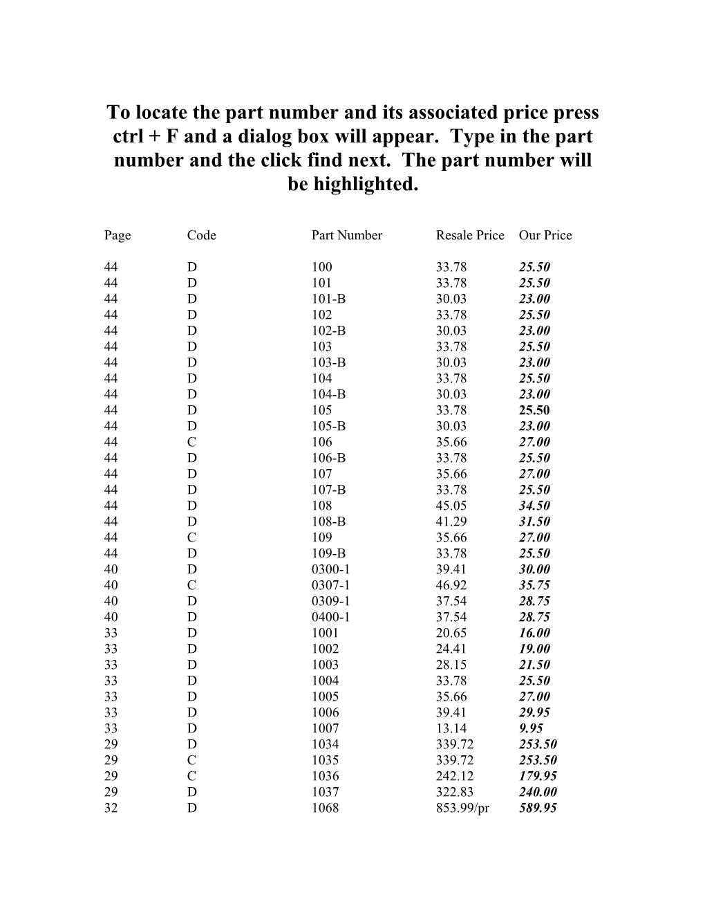 Page Code Part Number Resale Price Our Price