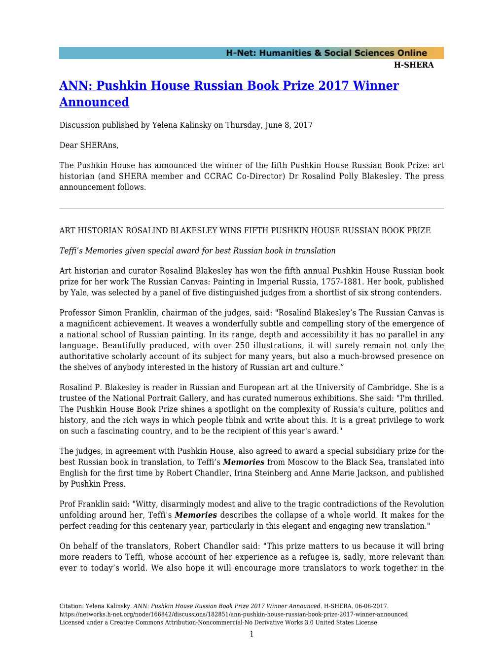 Pushkin House Russian Book Prize 2017 Winner Announced