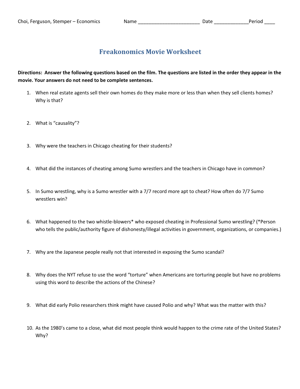 Freakonomics Movie Worksheet