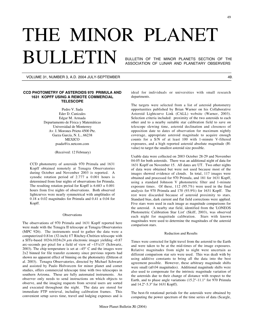 The Minor Planet Bulletin 31 (2004) 52