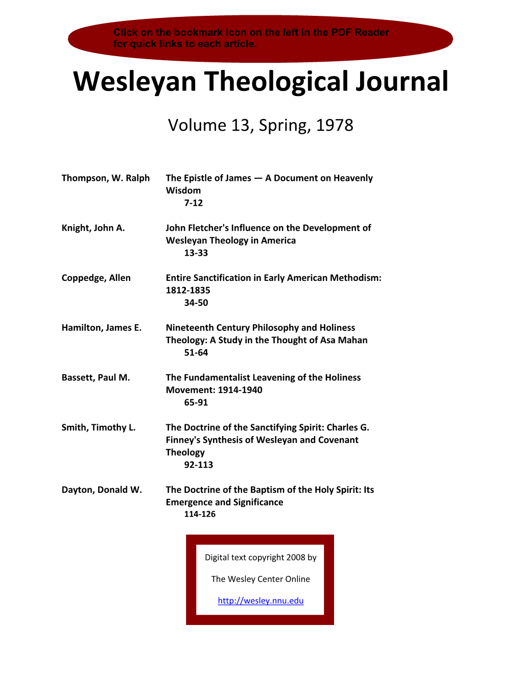 Wesleyan Theological Journal Volume 13, Spring, 1978