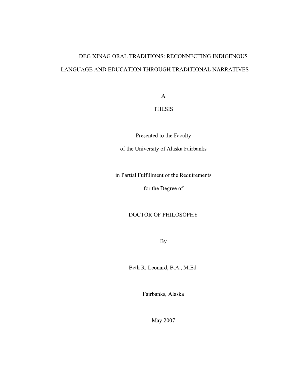 Deg Xinag Oral Traditions: Reconnecting Indigenous