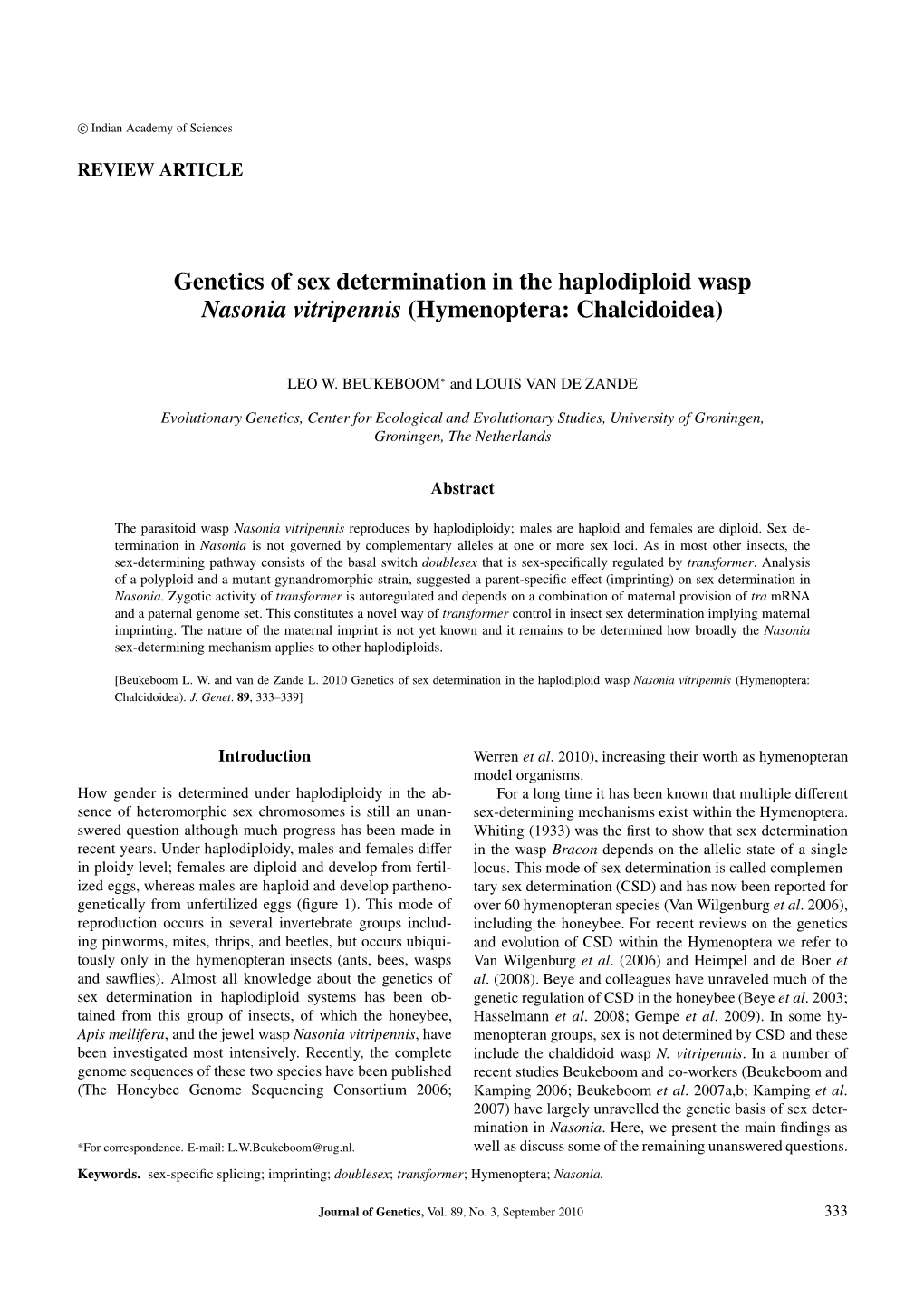 Genetics of Sex Determination in the Haplodiploid Wasp Nasonia Vitripennis (Hymenoptera: Chalcidoidea)