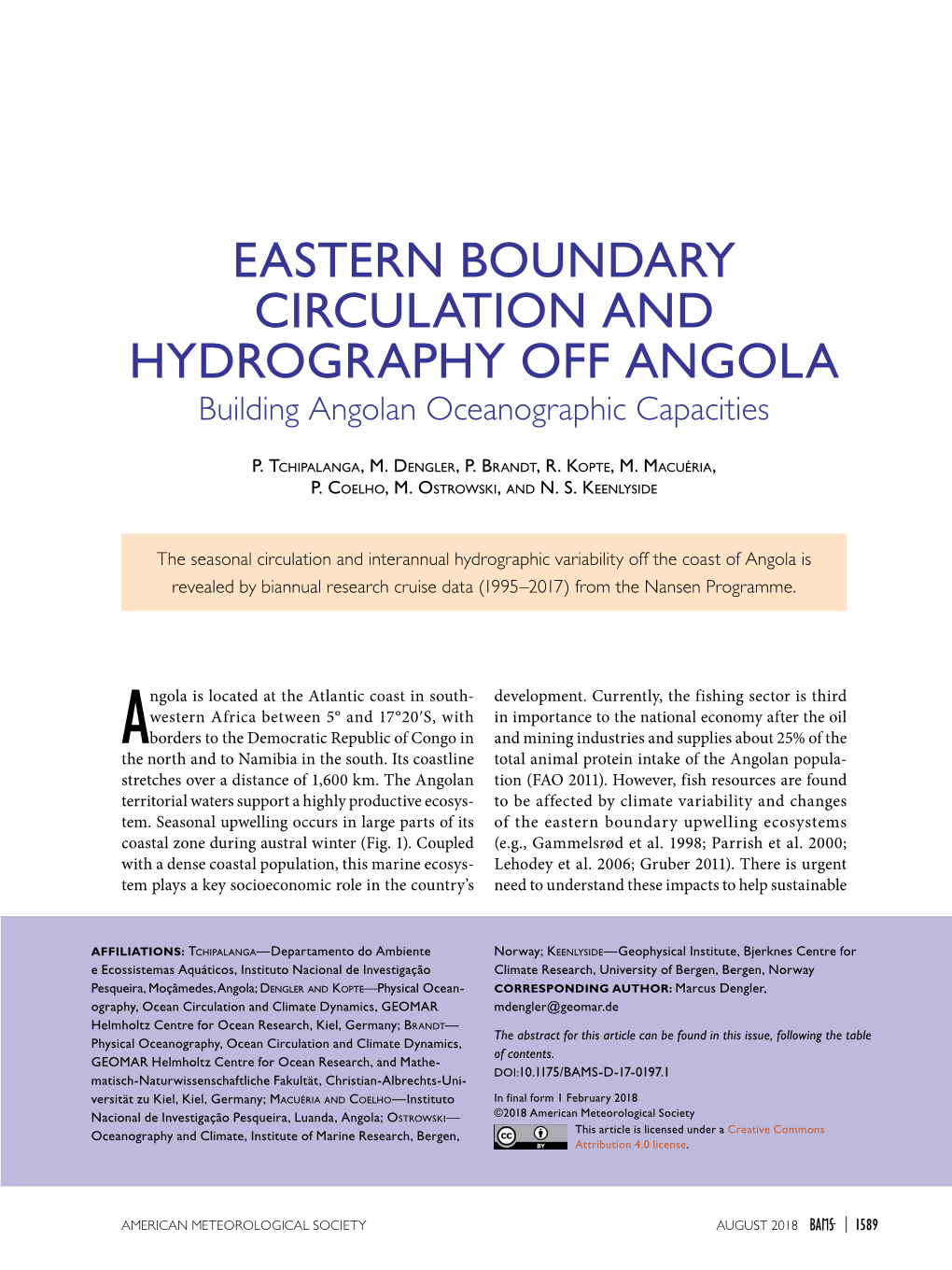 EASTERN BOUNDARY CIRCULATION and HYDROGRAPHY OFF ANGOLA Building Angolan Oceanographic Capacities