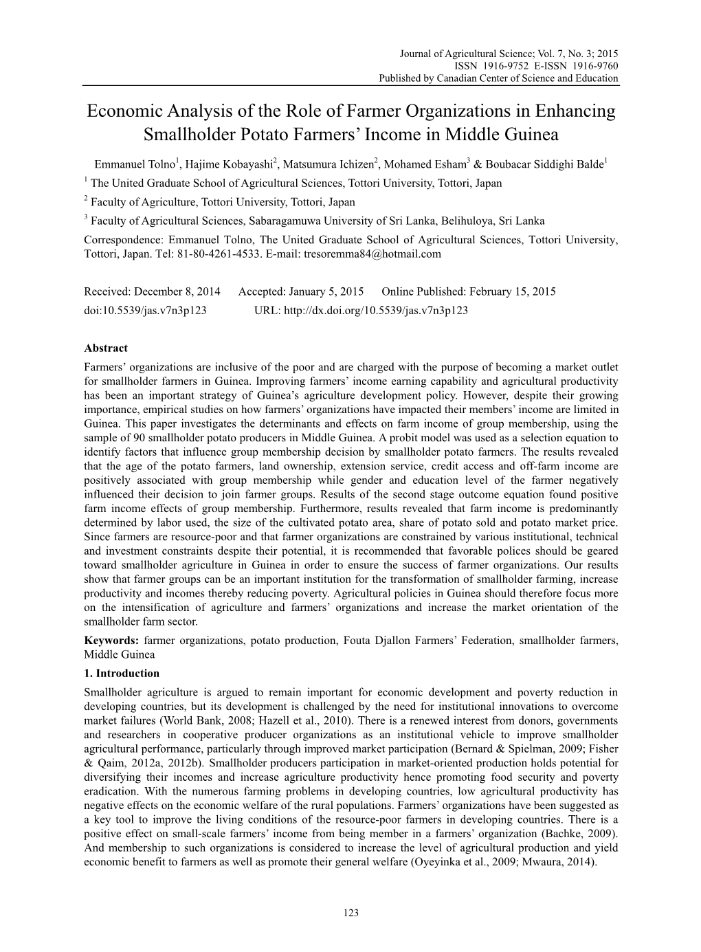 Economic Analysis of the Role of Farmer Organizations in Enhancing Smallholder Potato Farmers’ Income in Middle Guinea