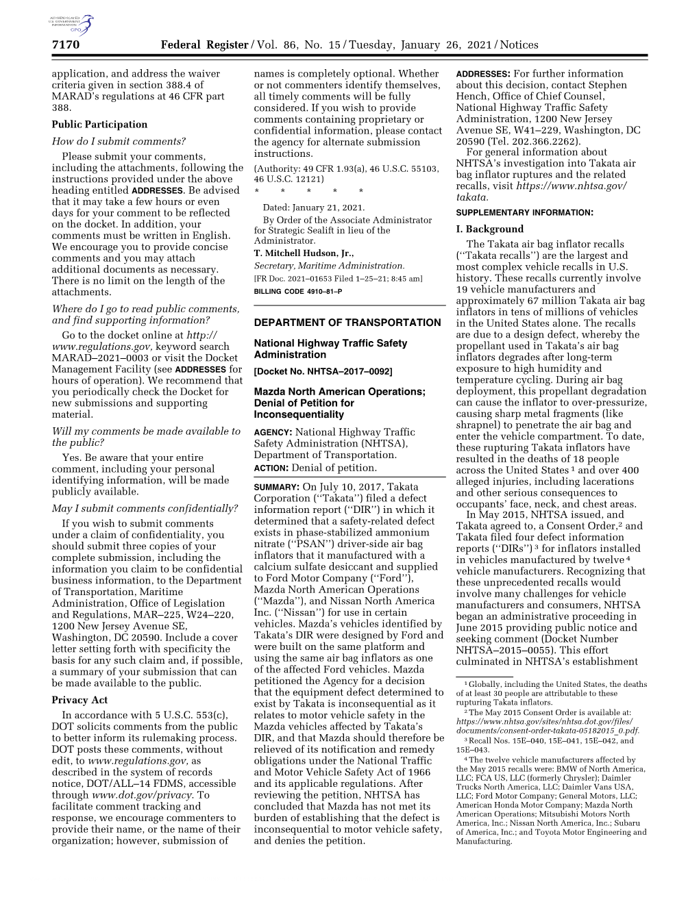 Federal Register/Vol. 86, No. 15/Tuesday, January 26, 2021